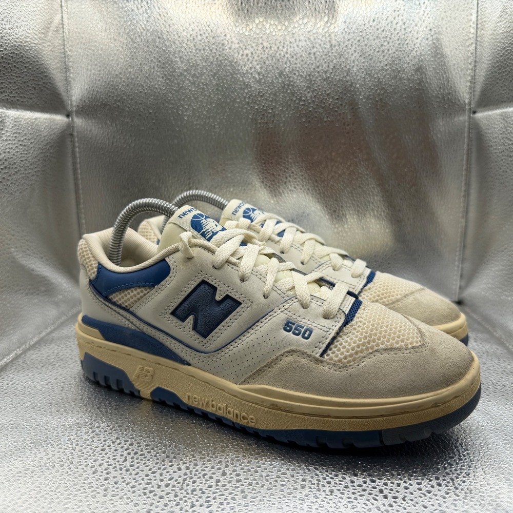 Size 6.5 New Balance 550 Sneakers Boys Cream Indigo Excellent Retro Basketball